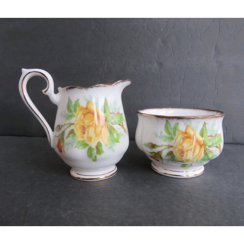 Royal Albert Tea Rose Yellow Creamer & Sugar Bowl Set Bone China England Hampton